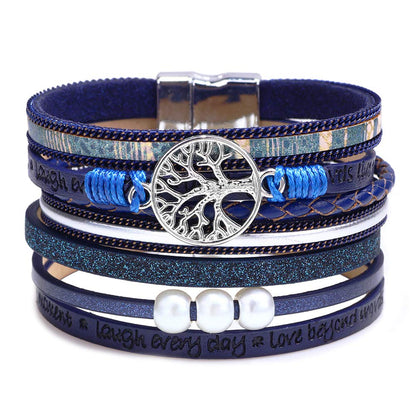 Fesciory Leopard Bracelet for Women, Boho Leather Wrap Multi-Layer Pearl Crystal Bracelet Bangle Jewelry