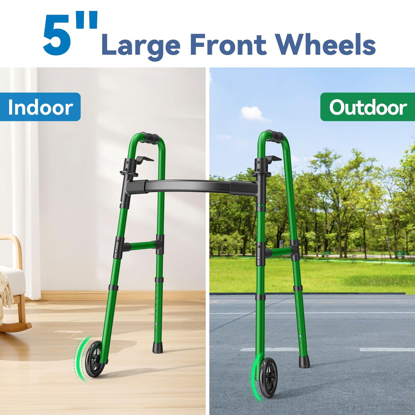 Loyoda Folding Walker with 2 Skis and 5" Wheels, Lightweight Walkers for Seniors and Adults, Supports Up to 350 Pounds, Adjustable Height, Compact Standard Walker, Black