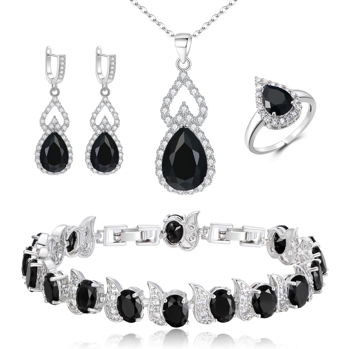 BriLove Wedding Jewelry Set for Women Bride Bridesmaid | Gorgeous Cubic Zirconia Teardrop Necklace Earrings Bracelet Adjustable Ring Jewelry Gift for Birthday/Anniversary