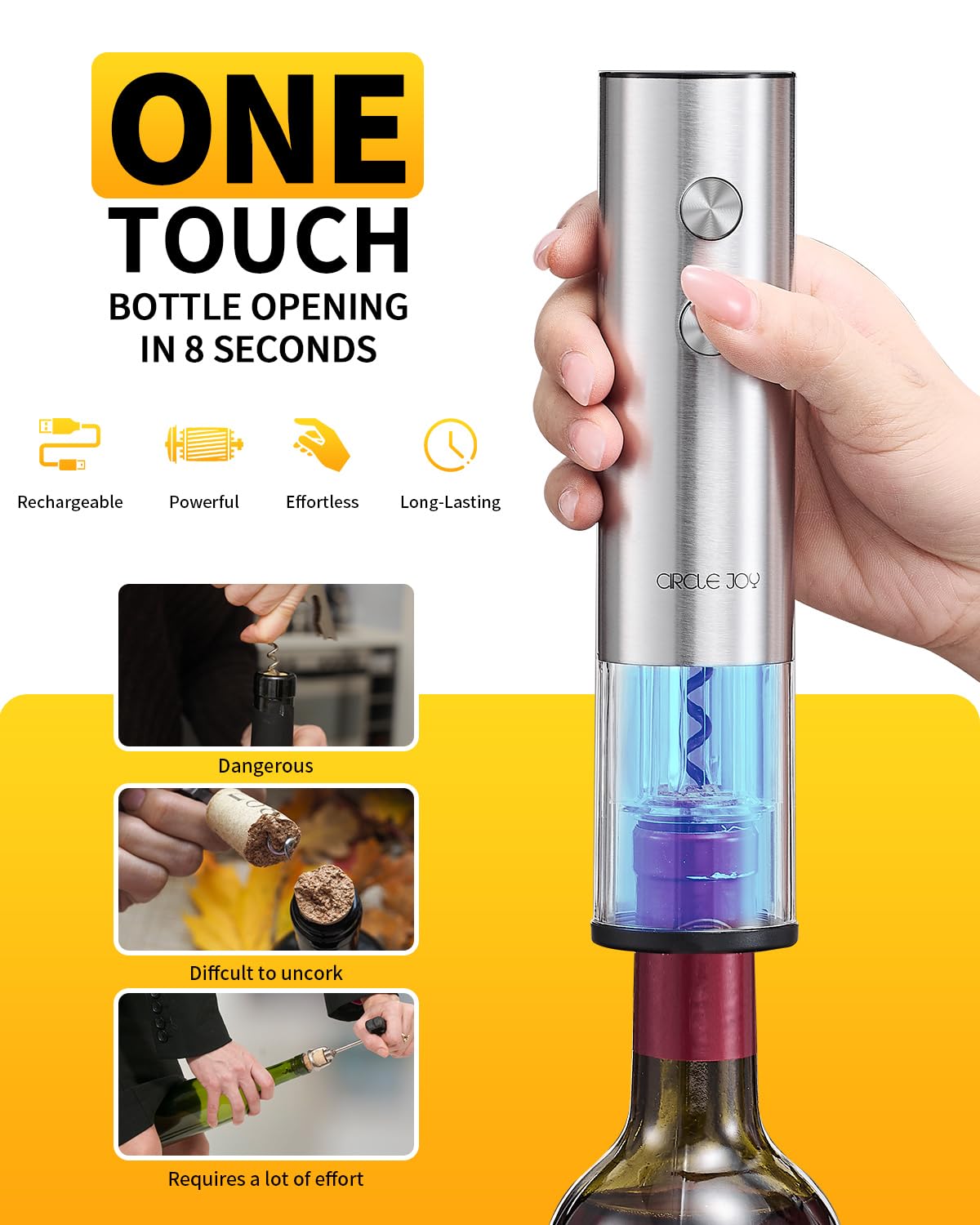 CIRCLE JOY Electric Wine Opener Rechargeable 5-in-1 Stainless Steel Wine Gift Set with Foil Cutter, Wine Aerator Pourer, Wine Drip Ring & Vacuum Stopper, Ideal Gifts for Wine Lovers, Silver