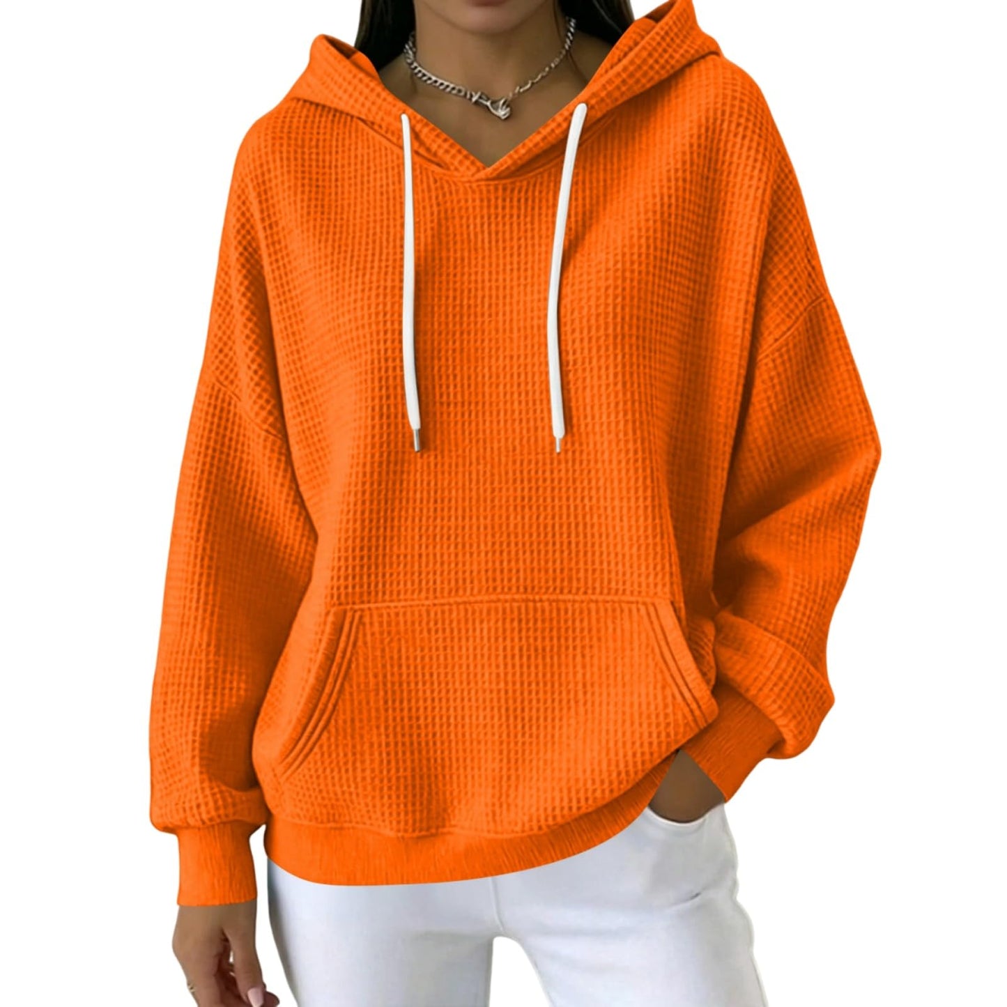 Women Casual Waffle Grid Textured Pullover Hoodie Contrast Drawstring Pocket Loose Long Sleeve Sweatshirts