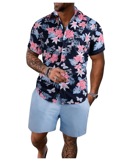 GORGLITTER Men's Vacation Beach Cruise Summer Outfits 2 Piece Shorts Set Hawaiian Button Down Shirt and Shorts