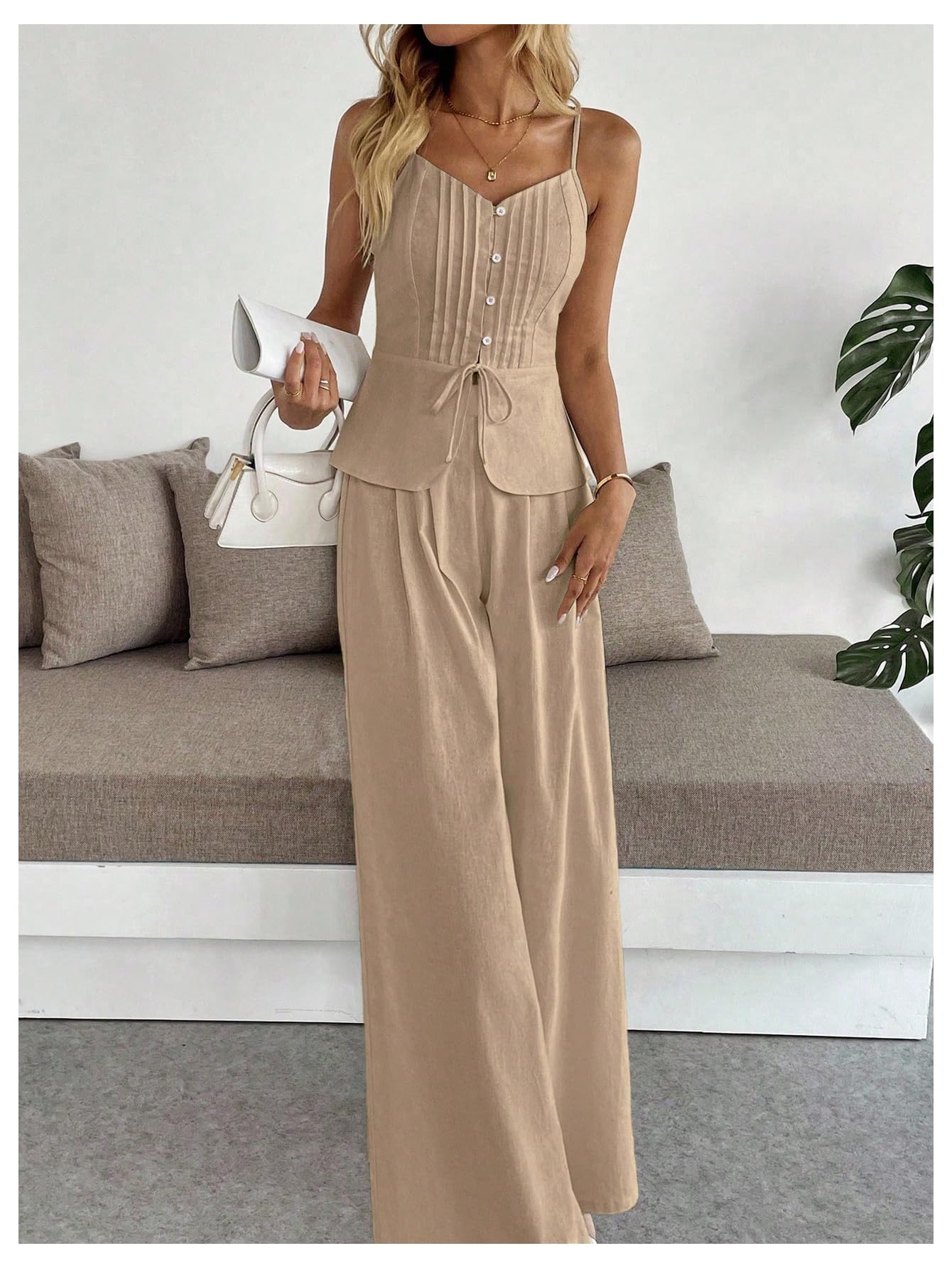 SOLY HUX Women's 2 Piece Summer Outfit Button Down Peplum Cami Top and Wide Leg Pants Set