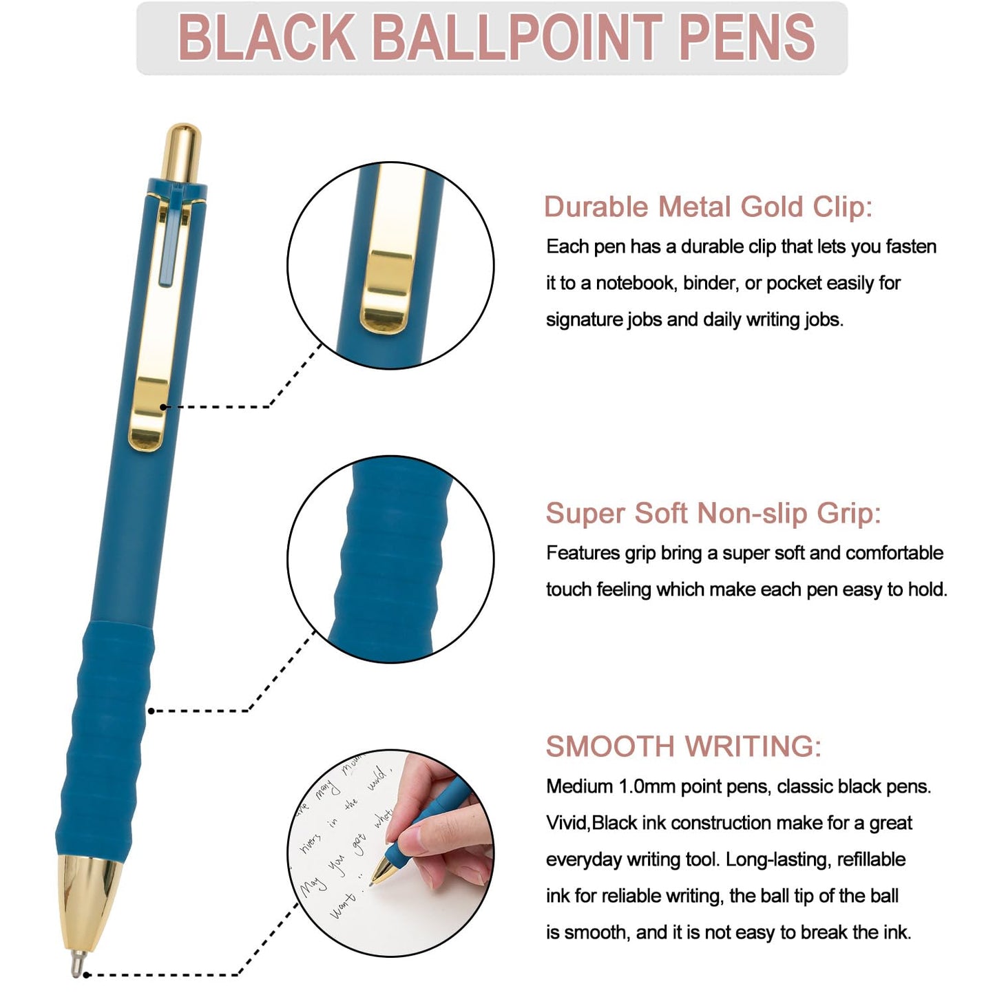 Linbsunne Ballpoint Pens Black Medium Point 1mm with Super Soft Grip Ball Point Pen for Men Women Retractable(style2, 12 pcs)