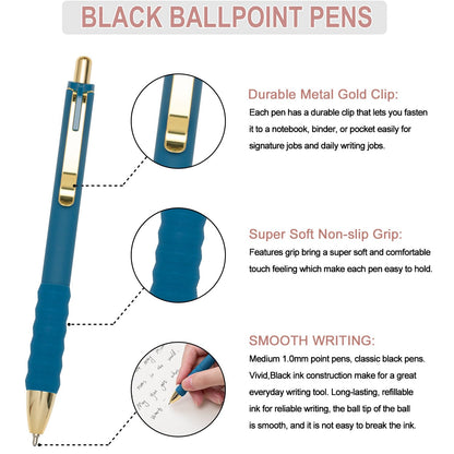 Linbsunne Ballpoint Pens Black Medium Point 1mm with Super Soft Grip Ball Point Pen for Men Women Retractable(style2, 12 pcs)