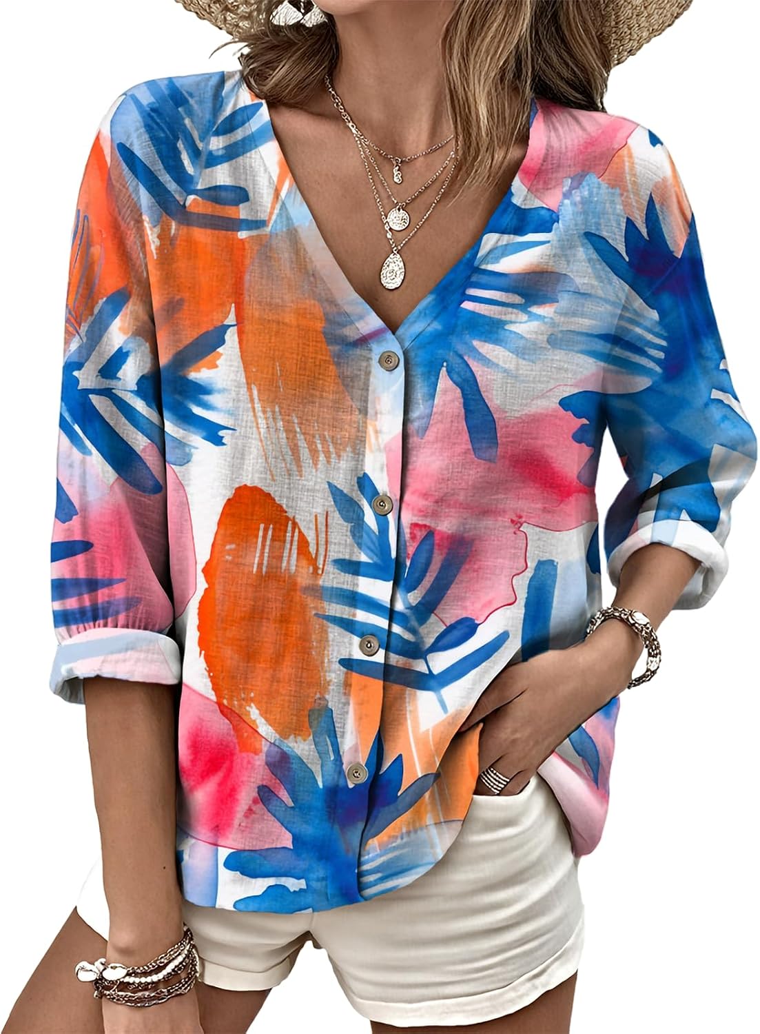MARSVOVO V Neck Shirts for Women Lightweight Decorative Button 3/4 Sleeve Blouses Comfy Casual Business Flowy Top