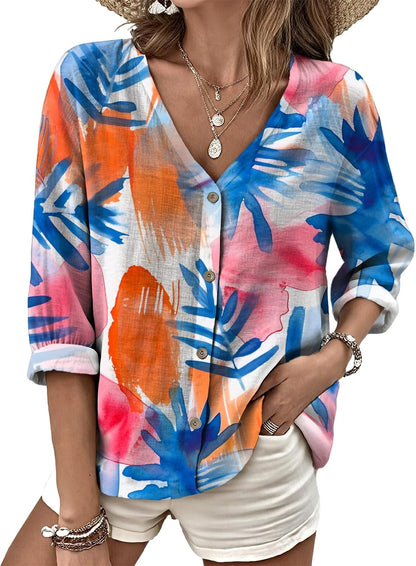 MARSVOVO V Neck Shirts for Women Lightweight Decorative Button 3/4 Sleeve Blouses Comfy Casual Business Flowy Top