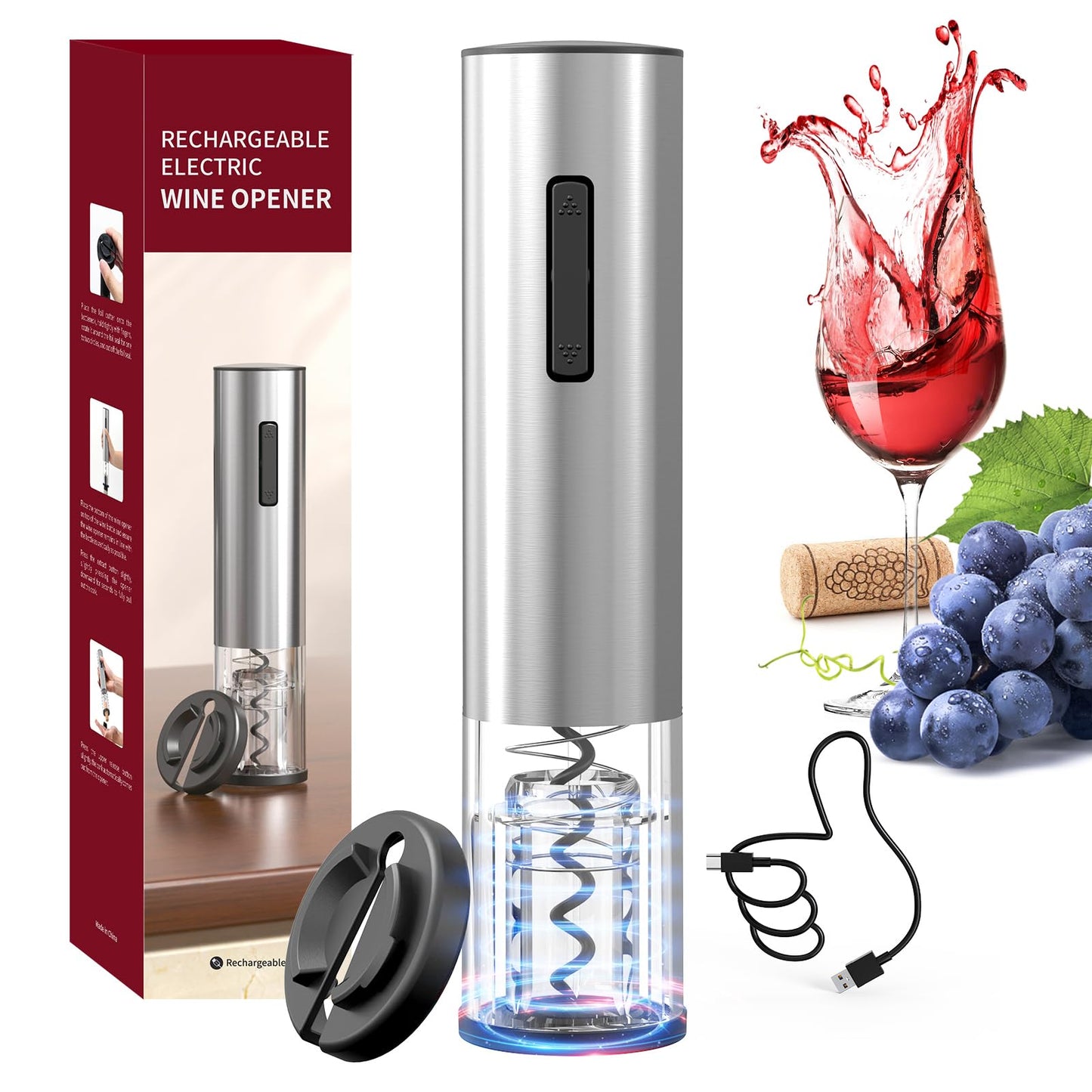 CIRCLE JOY Electric Wine Opener Rechargeable 5-in-1 Stainless Steel Wine Gift Set with Foil Cutter, Wine Aerator Pourer, Wine Drip Ring & Vacuum Stopper, Ideal Gifts for Wine Lovers, Silver