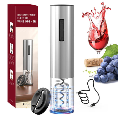 CIRCLE JOY Electric Wine Opener Rechargeable 5-in-1 Stainless Steel Wine Gift Set with Foil Cutter, Wine Aerator Pourer, Wine Drip Ring & Vacuum Stopper, Ideal Gifts for Wine Lovers, Silver