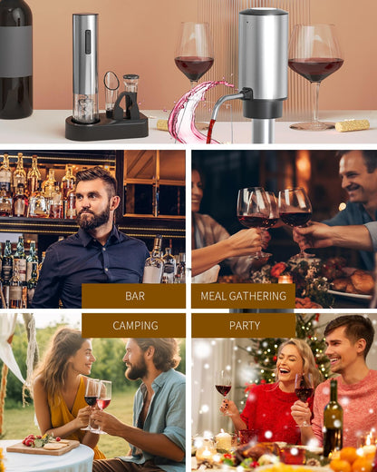 CIRCLE JOY Electric Wine Opener Rechargeable 5-in-1 Stainless Steel Wine Gift Set with Foil Cutter, Wine Aerator Pourer, Wine Drip Ring & Vacuum Stopper, Ideal Gifts for Wine Lovers, Silver