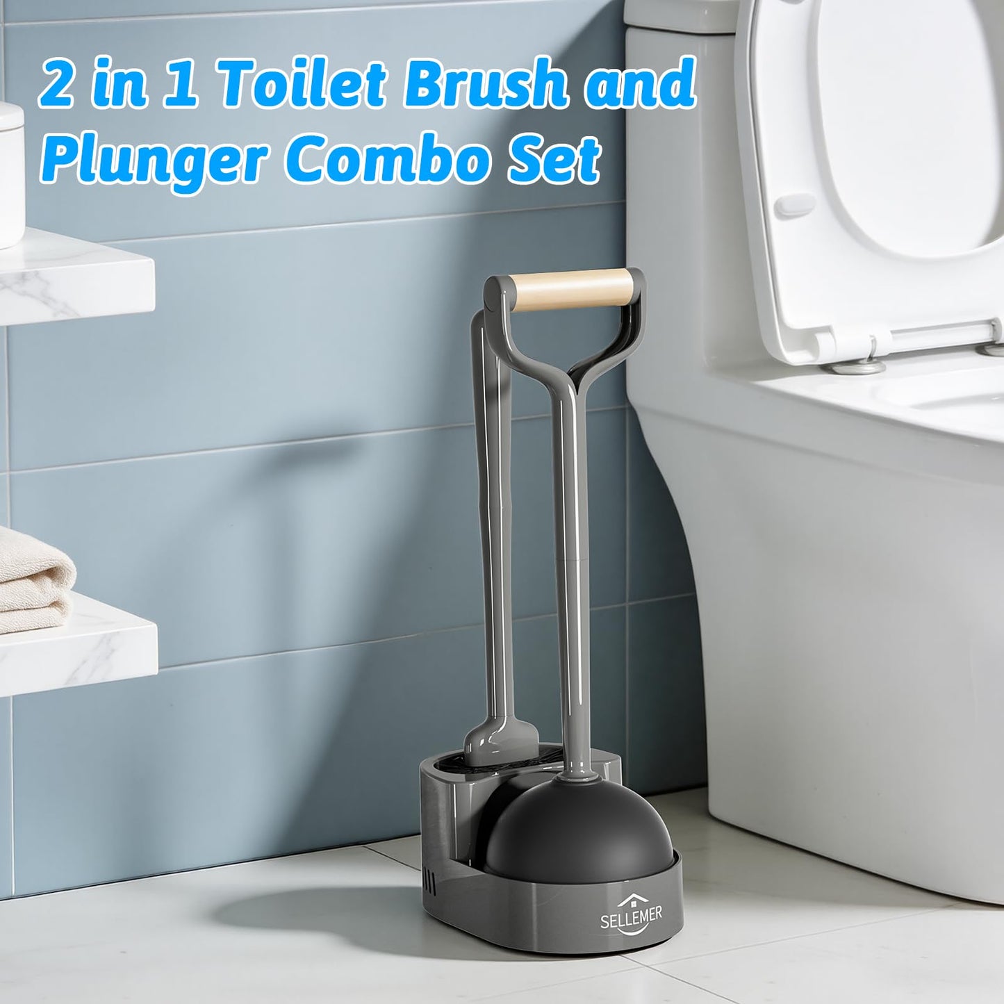 Sellemer Toilet Brush and Plunger Set, Curved Design Head for Deep Cleaning, Heavy Duty Toilet Bowl Brush and Plunger Combo with Holder for Bathroom Cleaning, Black, 2 Pack