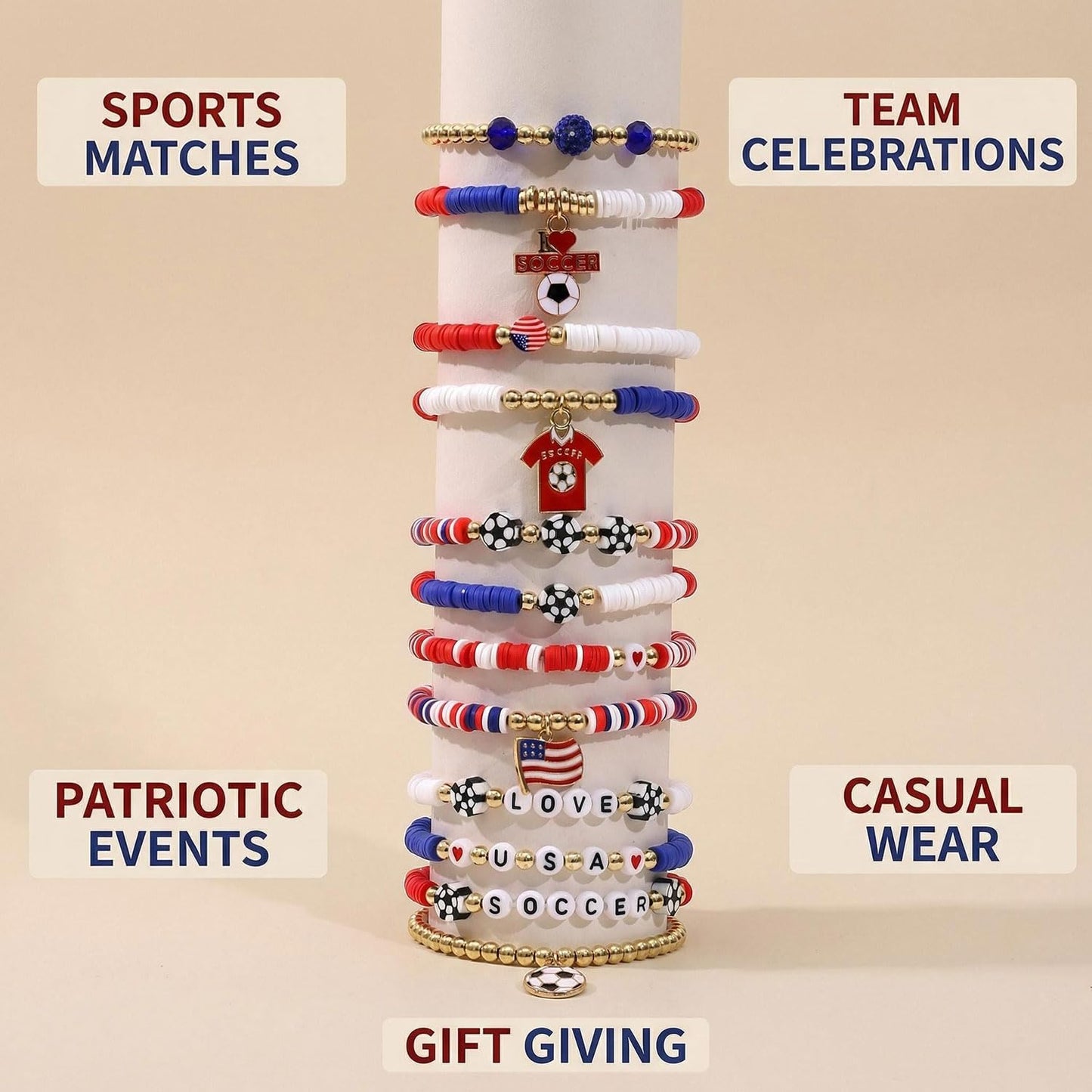 Spiritlele 12pcs World Cup Bracelets Set Red White Blue Clay Bead Wristband Stackable USA Soccer Charm Stretch Bracelet For Women Football Sports Fans Jewelry Gift