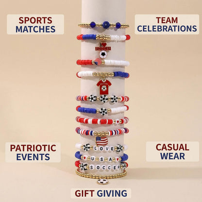 Spiritlele 12pcs World Cup Bracelets Set Red White Blue Clay Bead Wristband Stackable USA Soccer Charm Stretch Bracelet For Women Football Sports Fans Jewelry Gift