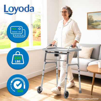 Loyoda Folding Walker with 2 Skis and 5" Wheels, Lightweight Walkers for Seniors and Adults, Supports Up to 350 Pounds, Adjustable Height, Compact Standard Walker, Black
