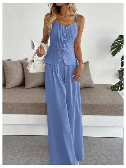 SOLY HUX Women's 2 Piece Summer Outfit Button Down Peplum Cami Top and Wide Leg Pants Set