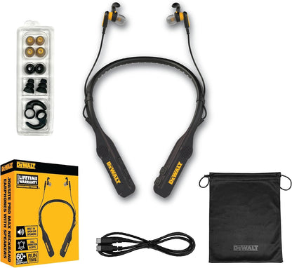 DEWALT Heavy Duty Black Edition 2-in-1 Neckband Bluetooth Headphones w/Built-in Speakers, Jobsite Wearable Speaker & Around Neck, Wireless Headset, 60+ Hrs Hands-Free Music & Calls, Carry Pouch