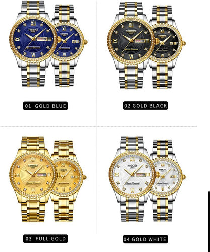 NIBOSI Watches for Couples Diamond Luxury Men and Women His and Hers Pair Watch Set Husband Wife Valentines Matching Wrist Watch Wedding Gifts Day Date Waterproof Quartz Analog