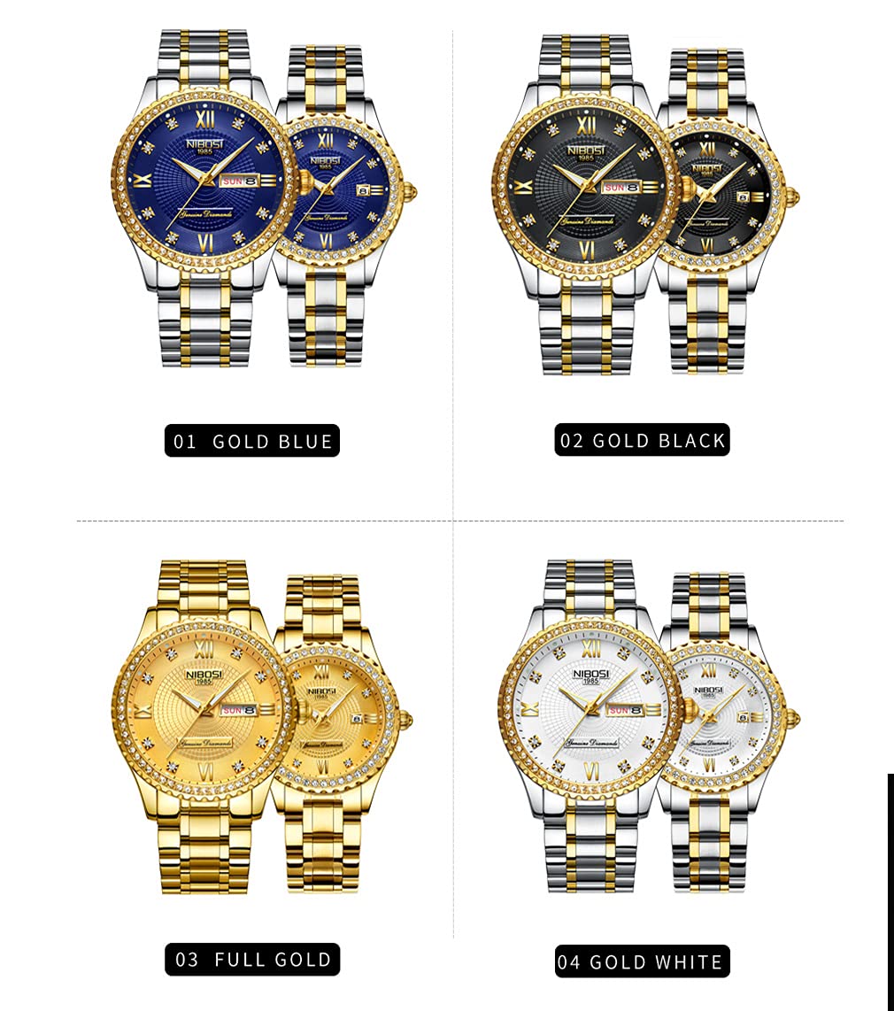 NIBOSI Watches for Couples Diamond Luxury Men and Women His and Hers Pair Watch Set Husband Wife Valentines Matching Wrist Watch Wedding Gifts Day Date Waterproof Quartz Analog
