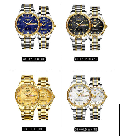 NIBOSI Watches for Couples Diamond Luxury Men and Women His and Hers Pair Watch Set Husband Wife Valentines Matching Wrist Watch Wedding Gifts Day Date Waterproof Quartz Analog
