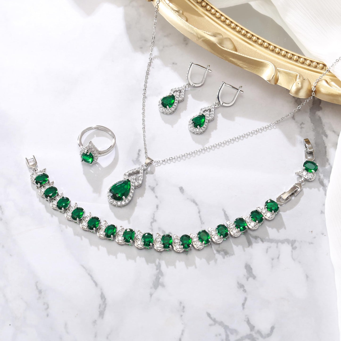BriLove Wedding Jewelry Set for Women Bride Bridesmaid | Gorgeous Cubic Zirconia Teardrop Necklace Earrings Bracelet Adjustable Ring Jewelry Gift for Birthday/Anniversary