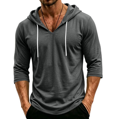 Mens Hooded 3/4 Sleeve Pullover Relaxed Fit Casual Lightweight Comfort Top