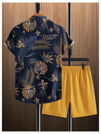 GORGLITTER Men's Vacation Beach Cruise Summer Outfits 2 Piece Shorts Set Hawaiian Button Down Shirt and Shorts