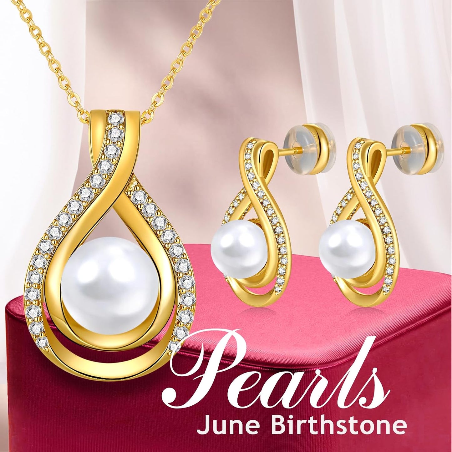 Infinity White Black Pearl Necklace and Earrings Set for Women Gifts for Mom Birthday Mothers Day AAA+ Handpicked Pearl 14K Gold/White Gold Plated Adjustable Jewelry
