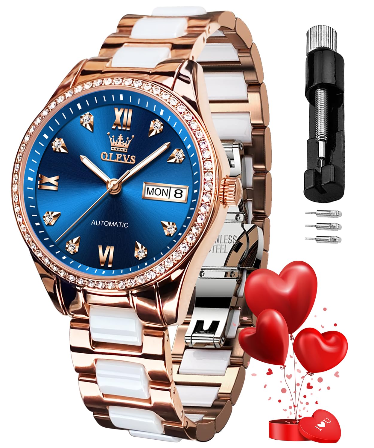 OLEVS Automatic Watches for Women Rose Gold Fashion Diamond Dress Ladies Wrist Watch Self Winding Mechanical Two Tone Ceramic Band Waterproof