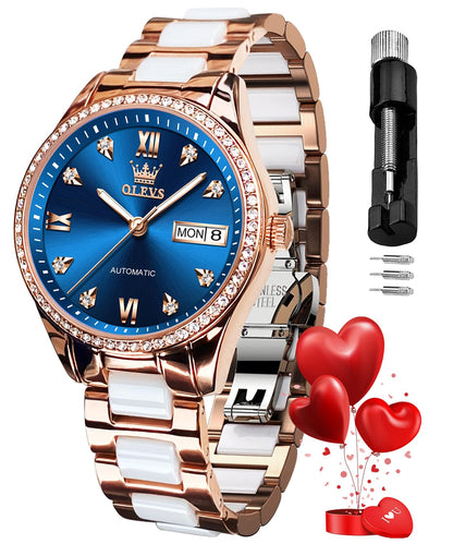 OLEVS Automatic Watches for Women Rose Gold Fashion Diamond Dress Ladies Wrist Watch Self Winding Mechanical Two Tone Ceramic Band Waterproof