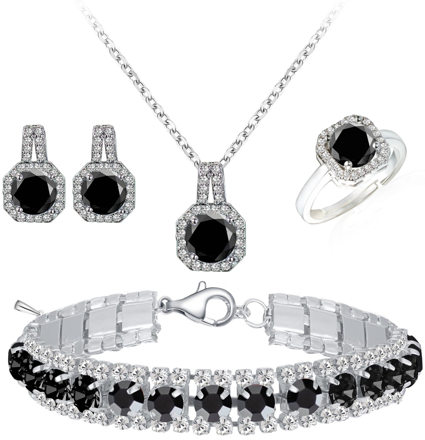 Paxuan 4pcs Cubic Zirconia Wedding Jewelry Sets for Bride Bridesmaid Cubic Zirconia Pendant Necklace Earrings Link Tennis Bracelet Open Ring Set for Women