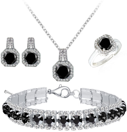 Paxuan 4pcs Cubic Zirconia Wedding Jewelry Sets for Bride Bridesmaid Cubic Zirconia Pendant Necklace Earrings Link Tennis Bracelet Open Ring Set for Women