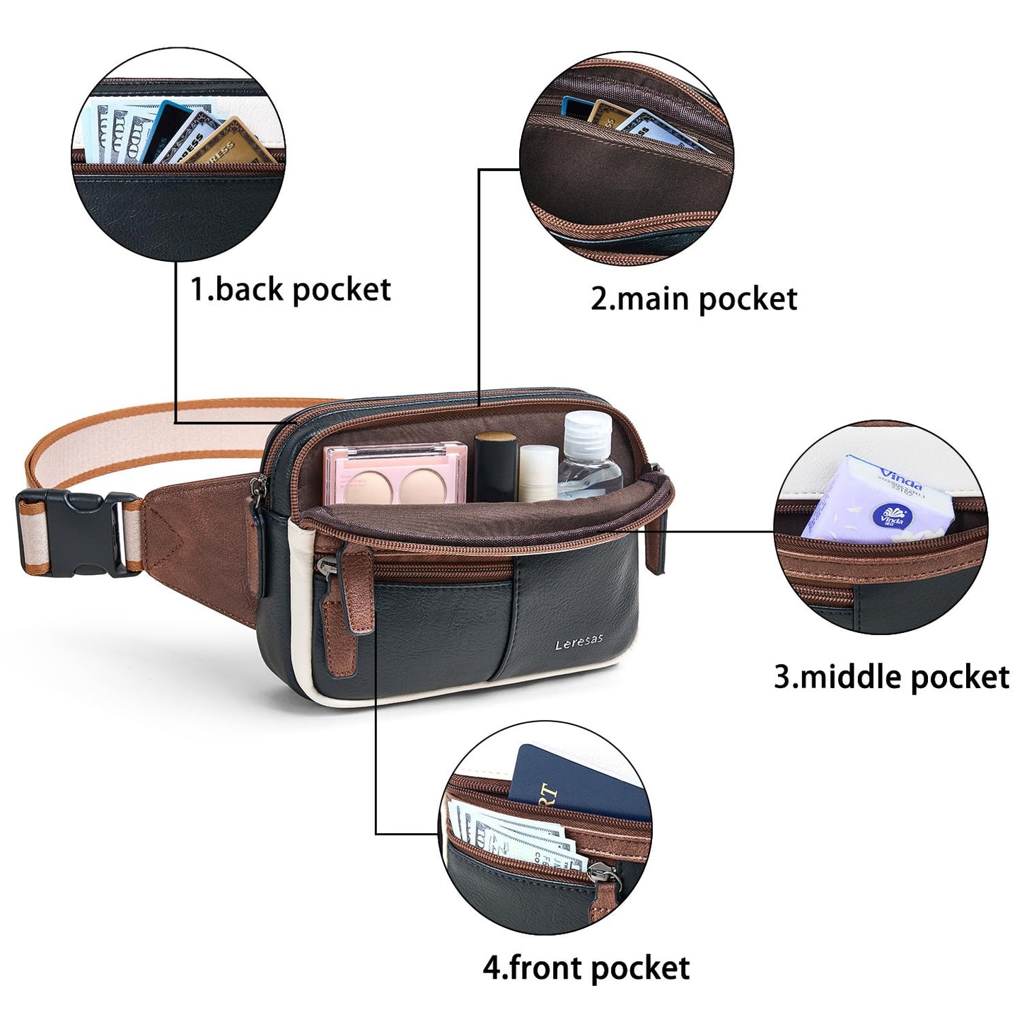 Leresas Fanny Packs for Women Vegan Leather Belt Bag Chic Cross Body Waist Pack Waist Purse for Travel Hiking Running Brown