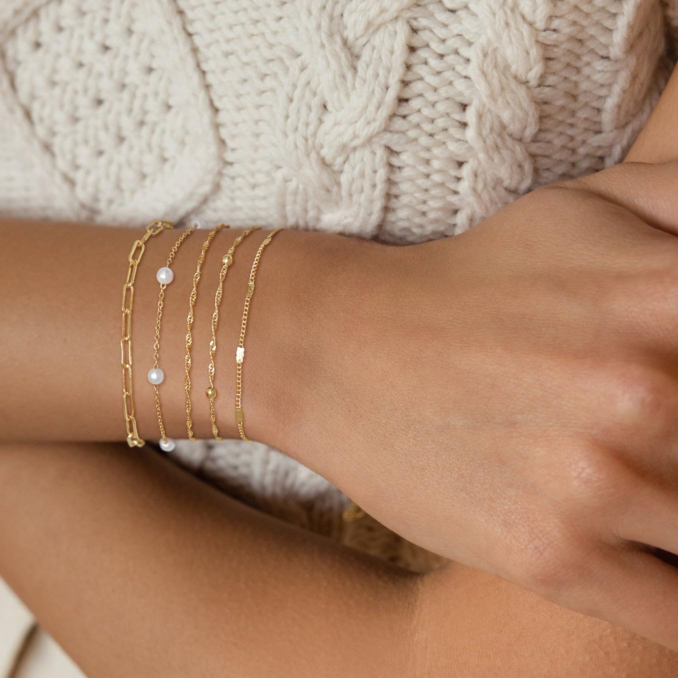 Dainty Simple Gold Bracelets for Women, Stackable Satellite Paperclip Lip Bracelet Set Tiny Lip Dot Chain Box Link for Handmade Gift Minimalist Cute Trendy Jewelry Gold Accessories for Women