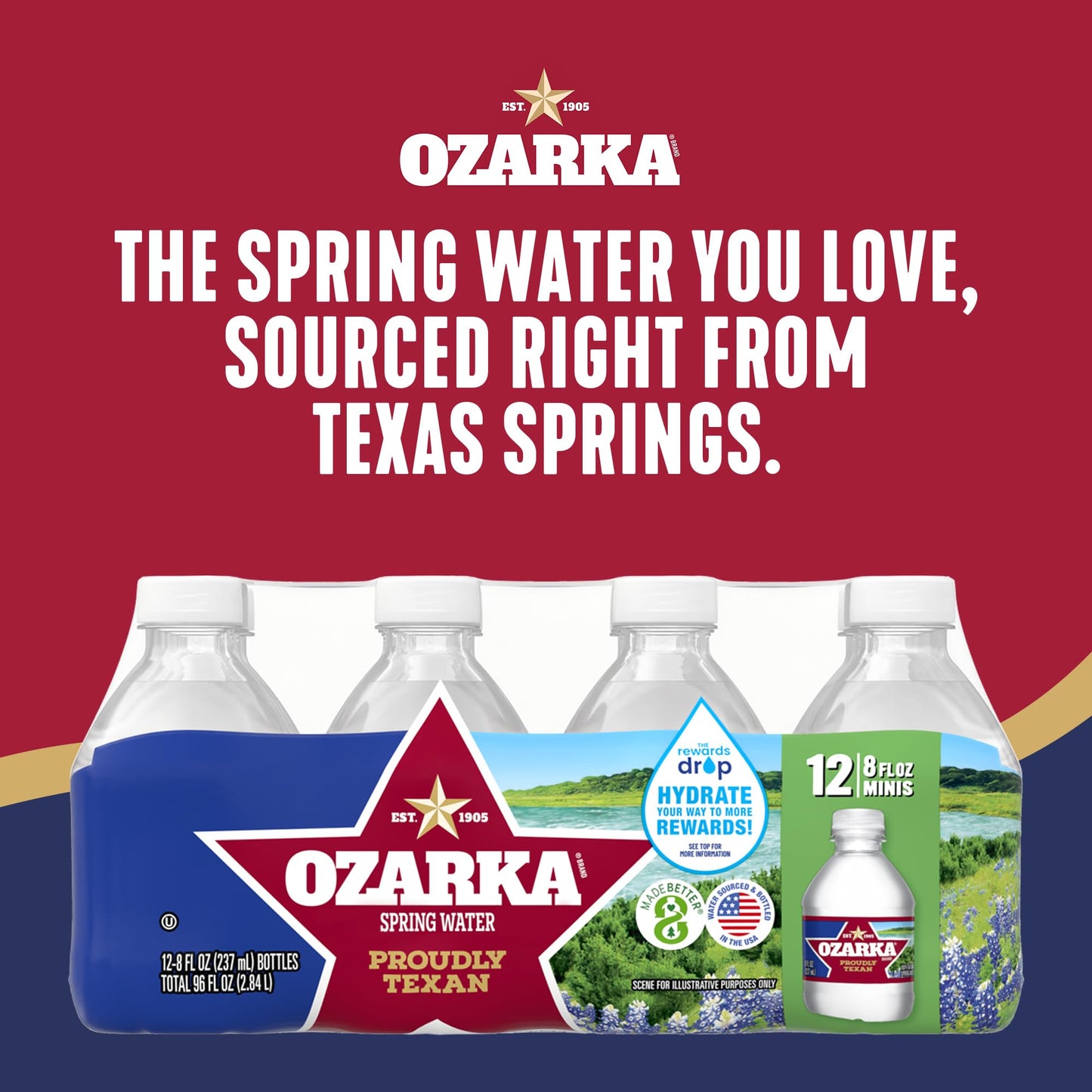 Ozarka Texas Spring Water Bottles, 12 Pack - Still Drinking Water with Naturally Balanced Minerals for a Crisp Clean Taste - 12 Fl Oz