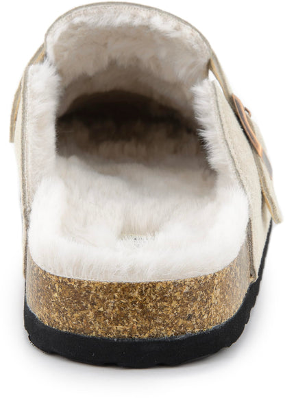Erica Women's Cork Footbed Clogs Genuine Soft Suede Fuzzy Faux Fur Lined Comfort Cushioned Mule Slide Shoes