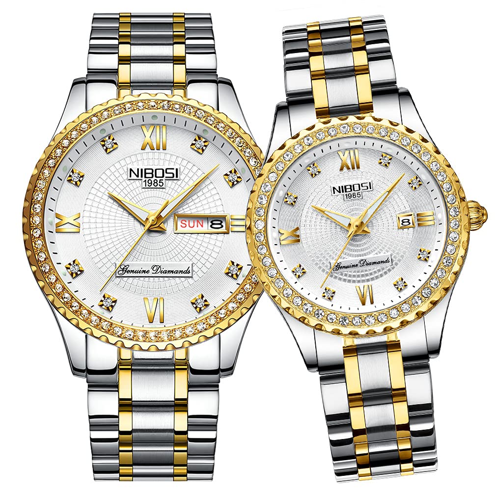 NIBOSI Watches for Couples Diamond Luxury Men and Women His and Hers Pair Watch Set Husband Wife Valentines Matching Wrist Watch Wedding Gifts Day Date Waterproof Quartz Analog