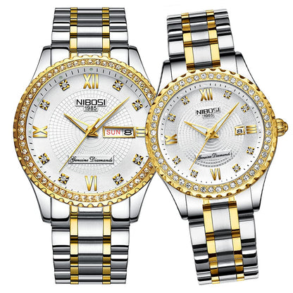 NIBOSI Watches for Couples Diamond Luxury Men and Women His and Hers Pair Watch Set Husband Wife Valentines Matching Wrist Watch Wedding Gifts Day Date Waterproof Quartz Analog