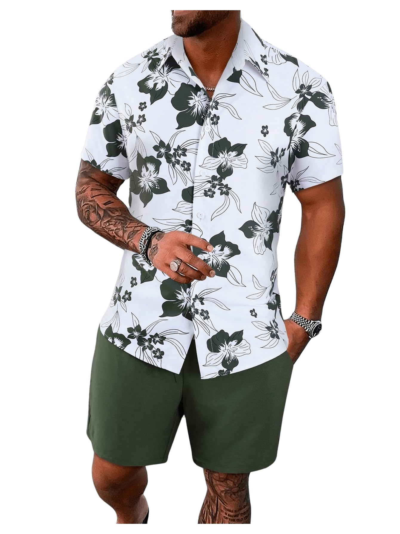 GORGLITTER Men's Vacation Beach Cruise Summer Outfits 2 Piece Shorts Set Hawaiian Button Down Shirt and Shorts