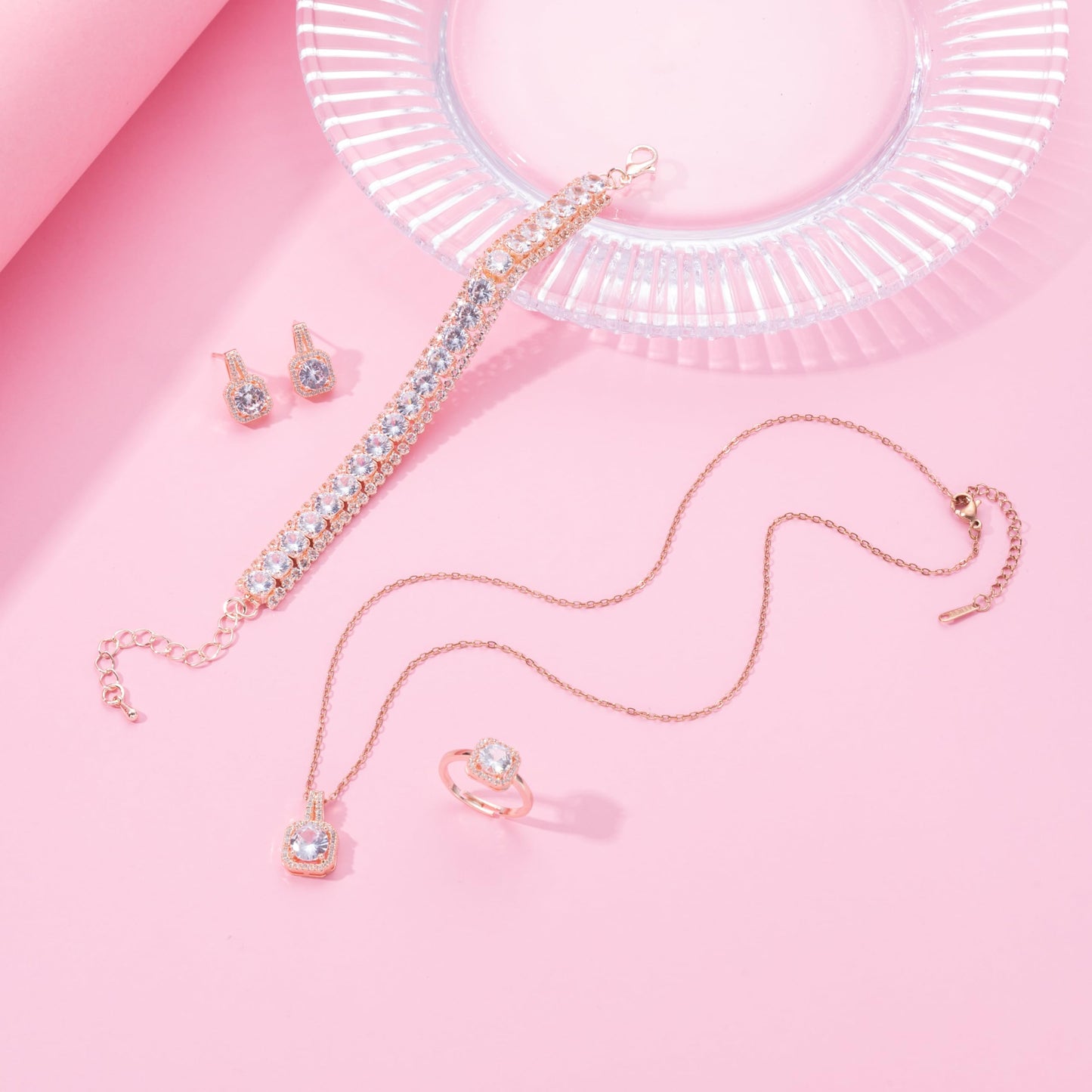 Paxuan 4pcs Cubic Zirconia Wedding Jewelry Sets for Bride Bridesmaid Cubic Zirconia Pendant Necklace Earrings Link Tennis Bracelet Open Ring Set for Women