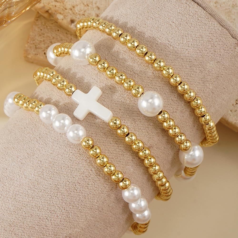 14K Gold Plated Pearl Beaded Cross Bracelets Stack Set for Women,Stretch Boho Colorful Christian Beads Ball Jewelry Friendship Summer Trendy Gift
