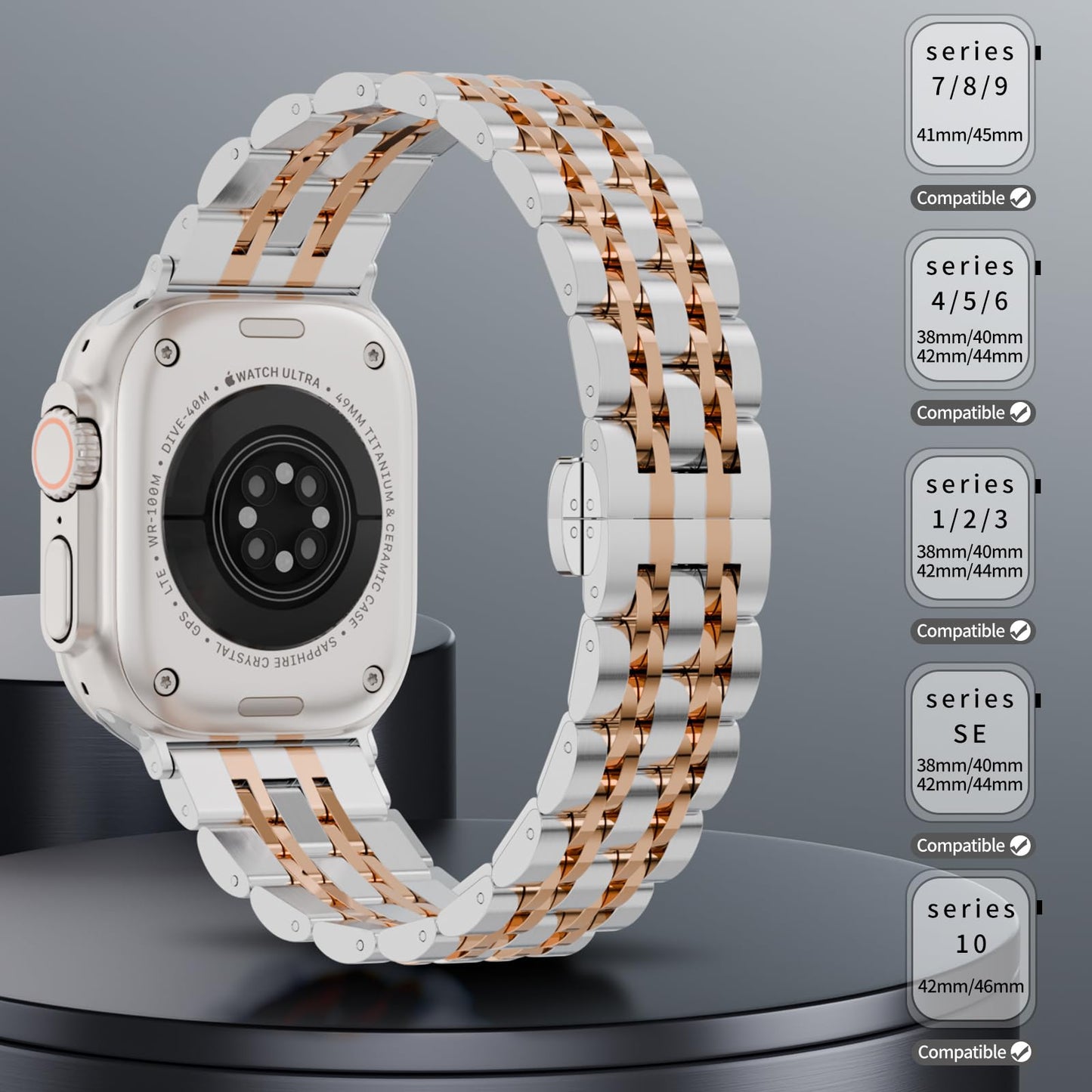 Seven Band Solid Stainless Steel for Apple Watch for Women | Compatible with Apple Watch Band 42mm/41mm/40mm/38mm, Metal Strap for Iwatch Series 11-1/SE 1-3 Women and Men, Gold Silver.