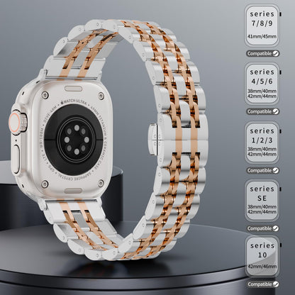 Seven Band Solid Stainless Steel for Apple Watch for Women | Compatible with Apple Watch Band 42mm/41mm/40mm/38mm, Metal Strap for Iwatch Series 11-1/SE 1-3 Women and Men, Gold Silver.