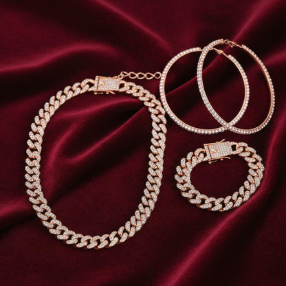 Batiyeer 3 Pcs Cuban Link Chain Necklace Bracelet Rhinestone Hoop Earrings Bling Crystal Hip Hop Jewelry for Women(18 Inch,Gold)