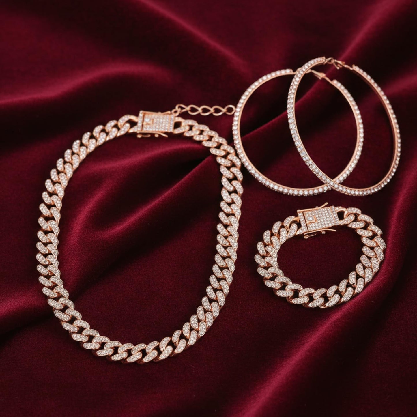 Batiyeer 3 Pcs Cuban Link Chain Necklace Bracelet Rhinestone Hoop Earrings Bling Crystal Hip Hop Jewelry for Women(18 Inch,Gold)