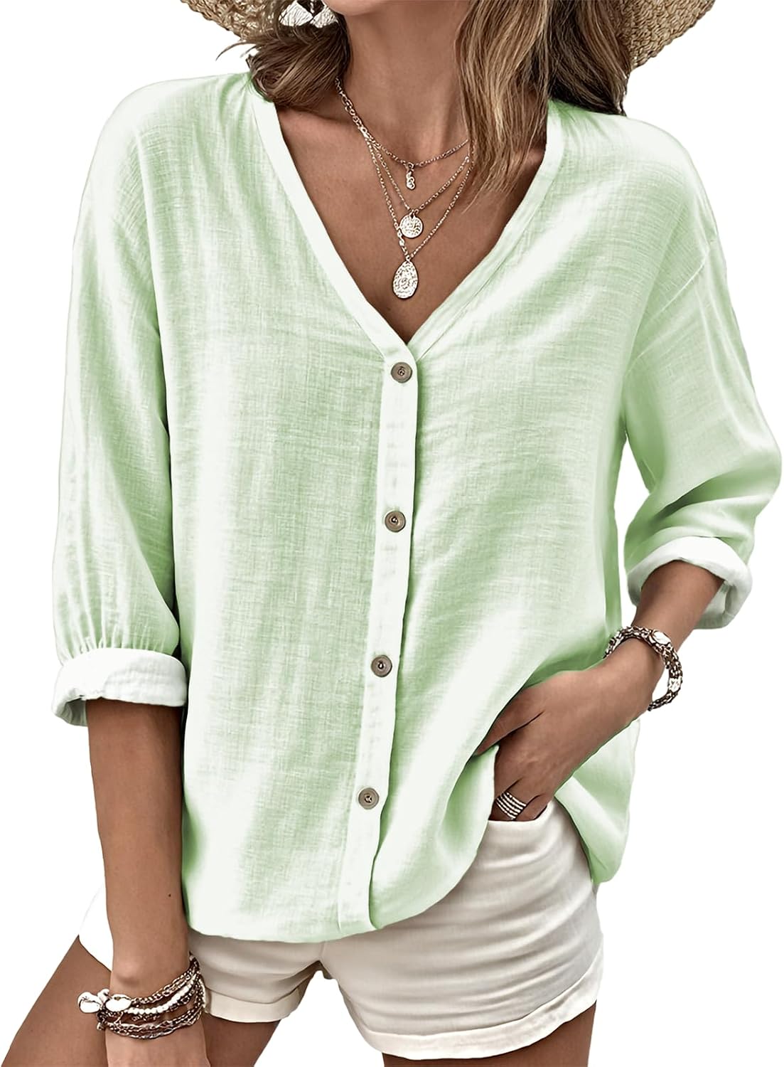 MARSVOVO V Neck Shirts for Women Lightweight Decorative Button 3/4 Sleeve Blouses Comfy Casual Business Flowy Top