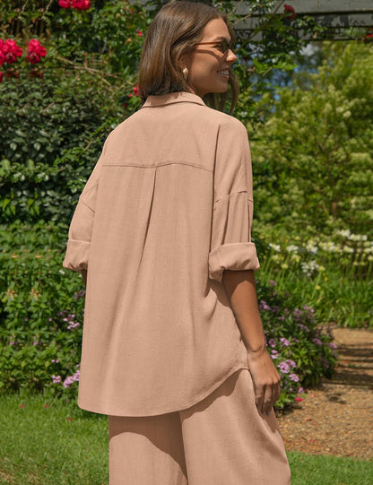 TARSE Womens Linen 2 Piece Outfits Casual Lounge Sets | Long Sleeve, Button Down Shirt and Wide Leg Pants, loose fit linen, vacation outfits with Pockets