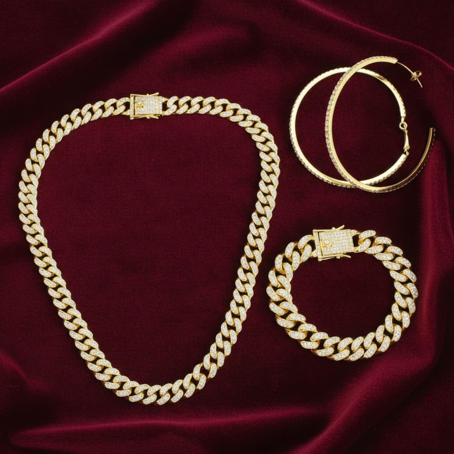 Batiyeer 3 Pcs Cuban Link Chain Necklace Bracelet Rhinestone Hoop Earrings Bling Crystal Hip Hop Jewelry for Women(18 Inch,Gold)