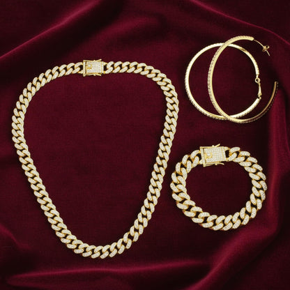 Batiyeer 3 Pcs Cuban Link Chain Necklace Bracelet Rhinestone Hoop Earrings Bling Crystal Hip Hop Jewelry for Women(18 Inch,Gold)
