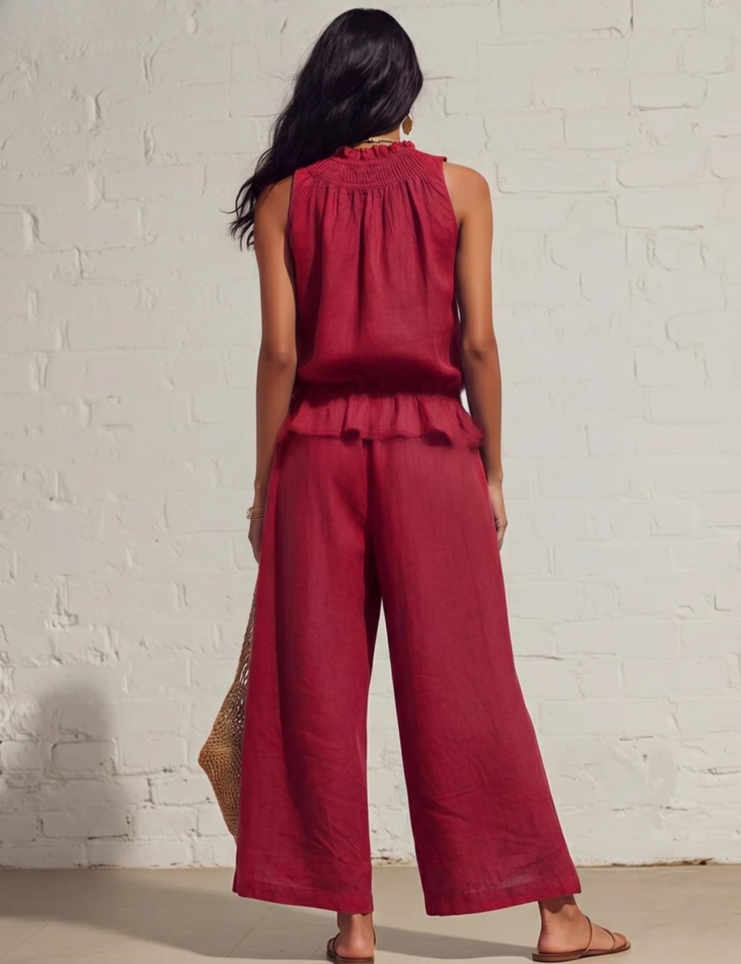 Tanming Women's Linen 2 Piece Outfits Sleeveless Ruffle Top Wide Leg Pants Summer Loungewear Beach Travel Sets