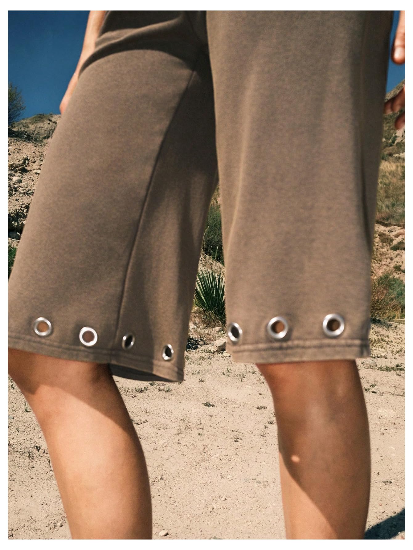 Verdusa Women's Fold Over Shorts Carpi Pants Washed Grommet Bermuda Shorts Gaucho Pants Going Out